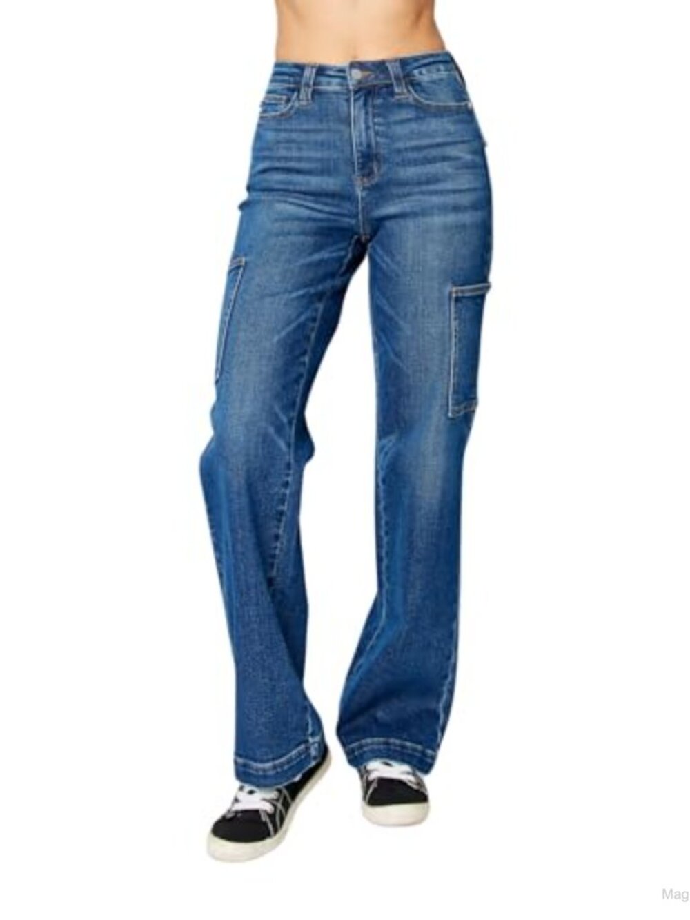 High Rise Wide Leg Cargo Pocket Jeans Stretch Denim 32" Inseam